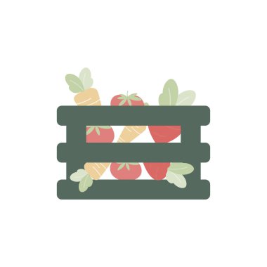 Sandık düz vektör çiziminde taze organik sebzeler. Havuç, domates, turp..