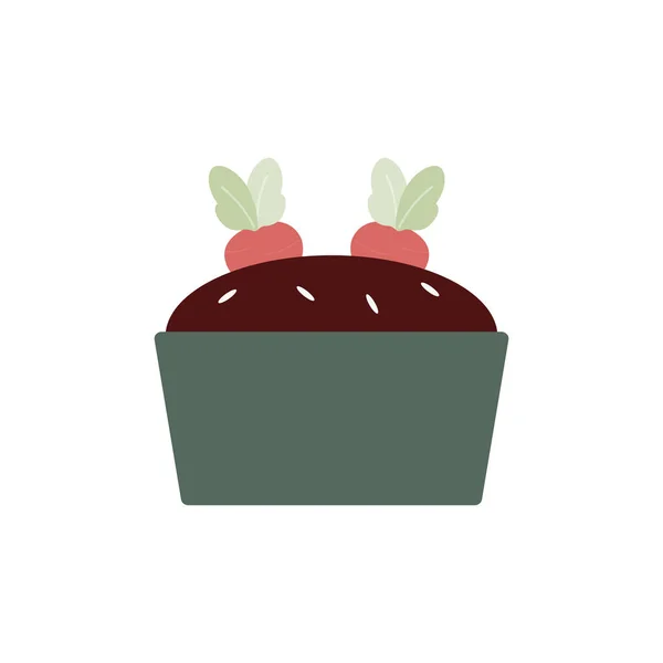 Container gardening concept. Vegetables planted to the pot. Growing radish.Flat vector illustration.