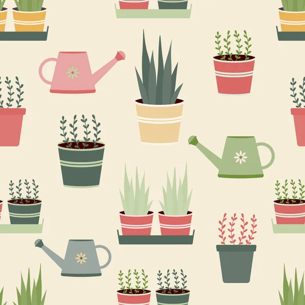 Dessin Animé Plantes Pot Arrosoirs Motif Vectoriel Répétitif Sans Couture — Image vectorielle