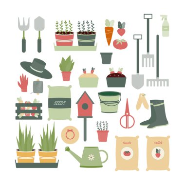Composition with gardening tools isolated on white background. Bundle of equipment for agricultural work, plant cultivation or transplantation, work in the garden. Flat cartoon vector illustration. clipart