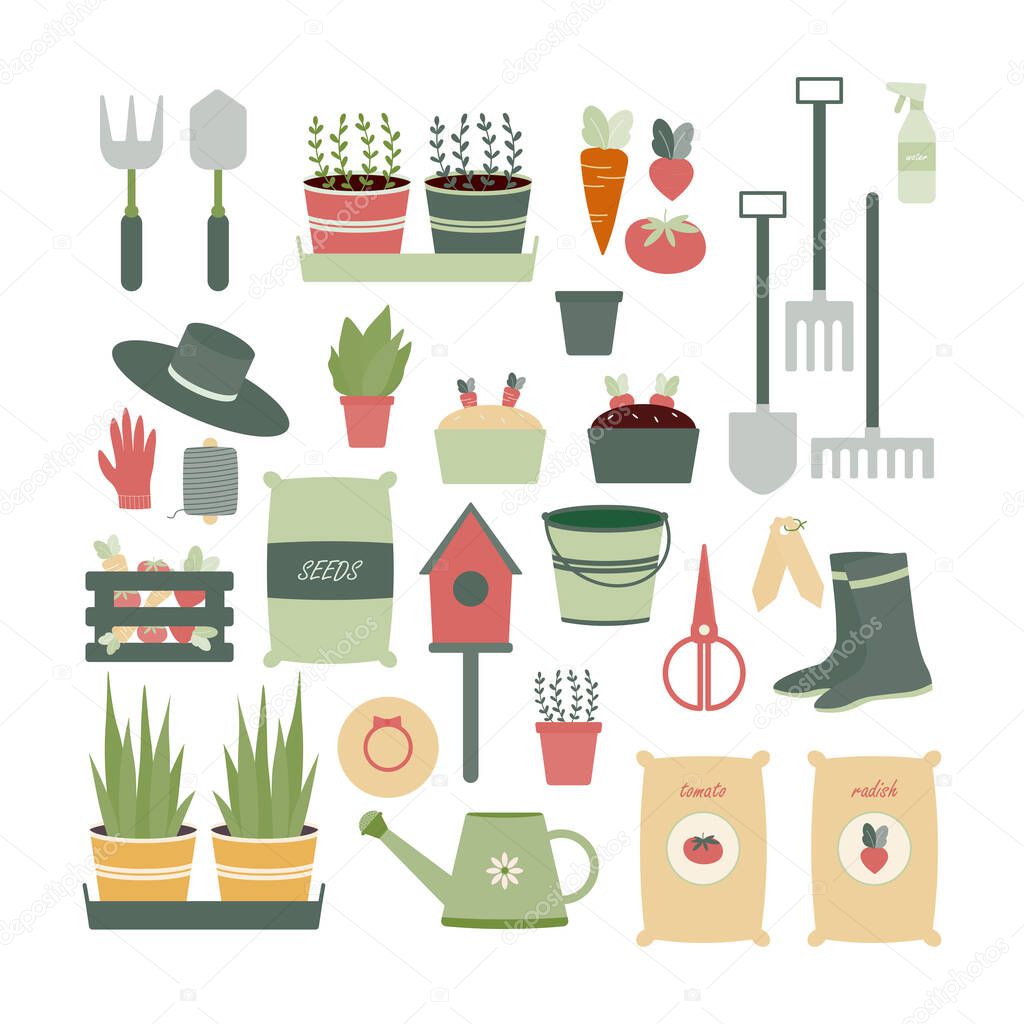 Composition with gardening tools isolated on white background. Bundle of equipment for agricultural work, plant cultivation or transplantation, work in the garden. Flat cartoon vector illustration.