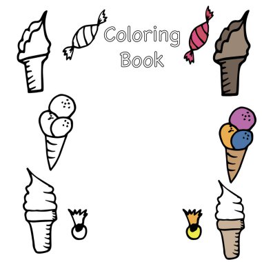 Doodle vektör çizimi. Kahvaltı için ikonlar, süsler. Logo, etiket, menü, kafe için renkli unsurlar. Düz elle çizilmiş eşyalar. Boyama kitabı