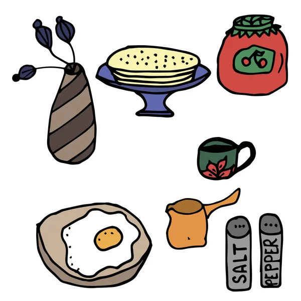 Ilustración Vectorial Doodle Iconos Para Desayuno Adorno Elementos Color Para — Vector de stock