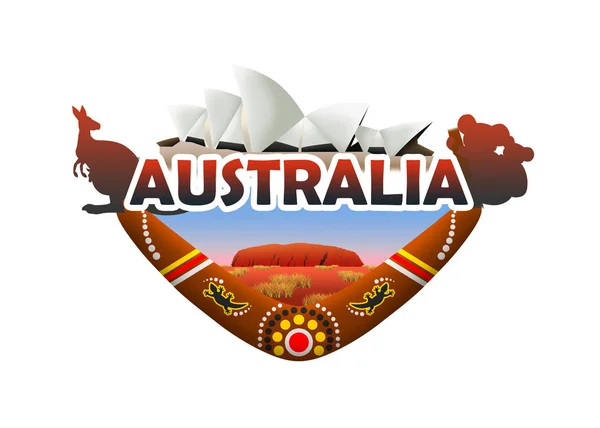 Australia Travel Logo : Meet Koala and Kangaroo : A logo of Aboriginal boomerang and Uluru Rock in Australia, with kangaroo, koala and Opera House from Sydney on top