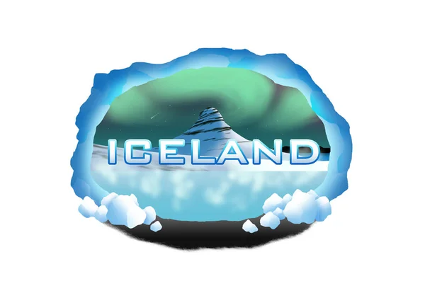 Iceland Travel Logo : Kirkjufell beneath The Lights : A logo of Kirkjufell covered with snow, and Blue Lagoon beneath aurora sky, surrounded by ice cave and sand from black beach