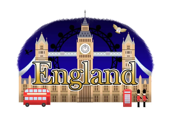 England Travel Logo : London Night : A logo of London, the city from England, a birthplace of famous wizard, featuring with Big Ben at night, London Bridge, London Bus, soldier, telephone booth, London Eye and mailing owl