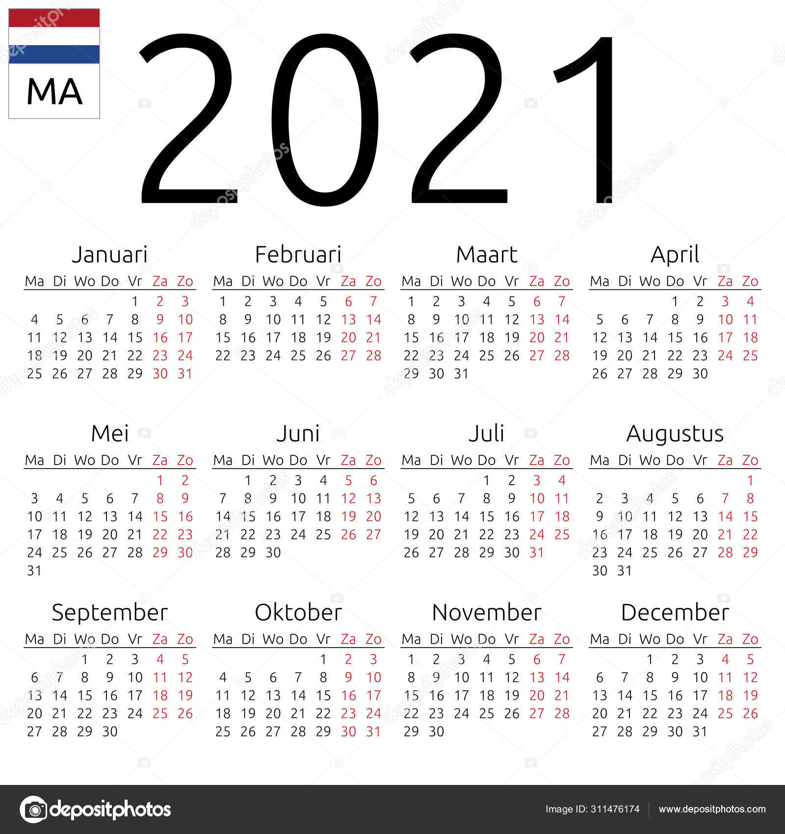 Calendar 2021 Dutch Monday Vector Image By C Dmitry Guzhanin Vector Stock 311476174