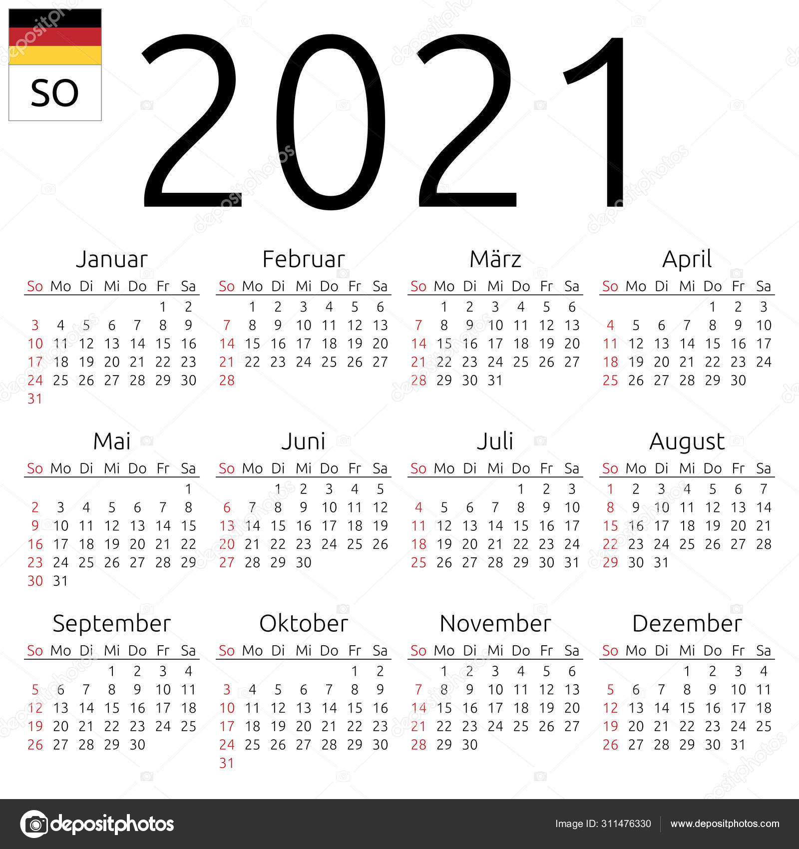Calendar 2021 German Sunday Stock Vector C Dmitry Guzhanin 311476330