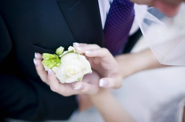 La novia toca el boutonniere en el bolsillo del pecho del novio — Foto de Stock