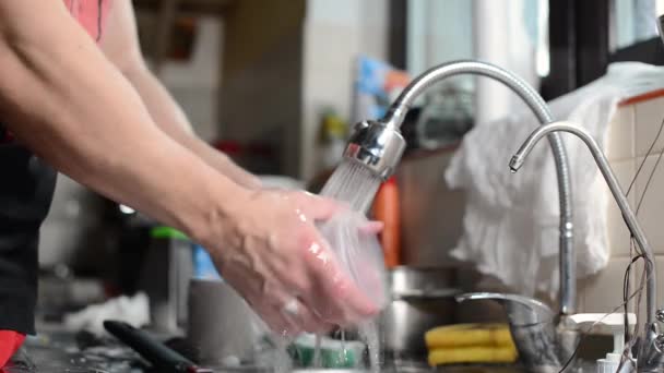 Man Rinses Previously Washed Washed Dishes Water Resources Close Hands — Stock Video