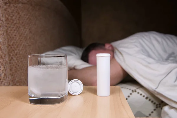 Effervescent Tablet Dissolves Water Background Man Tossing Turning Bed Waiting — Stock Photo, Image