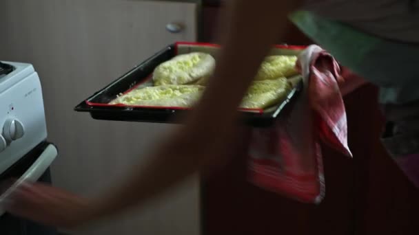 Una mujer coloca una bandeja de pasteles en el horno. Cocinar hornear en casa — Vídeo de stock