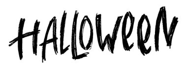 Cadılar Bayramı el yazısı çizilmiş. Tatil el yazısı, desenli mürekkep fırçası yazı. Dekoratif tasarım elemanı. Banner, parti davetiyesi. Vektör illüstrasyonu beyaz arkaplanda siyah izole edildi