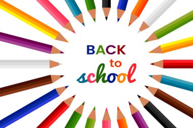 Back to school yazıtlı 24 renkli kalemden oluşan daire. On iki renk parlak boya kalemleri, düz karikatür tasarımı. Yazma aleti, okul malzemeleri. Beyaz arka planda izole edilmiş. Vektör çizimi