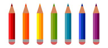 Renkli kalemler seti. Pembe sancakkoleksiyonu, düz karikatür tasarımı ile yedi gökkuşağı ölçekli renk parlak boya kalemleri. Yazma uygulaması, okul malzemeleri. Beyaz arka planda izole edilmiş. Vektör çizimi