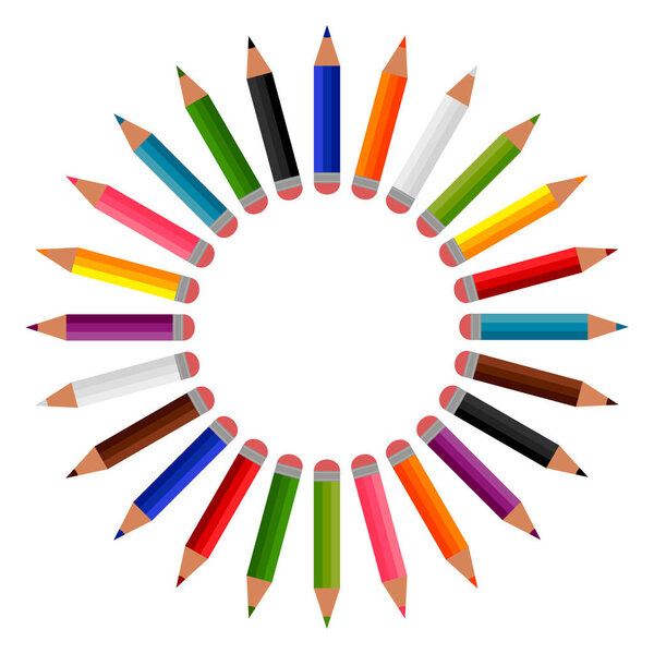Circle of 24 colored pencils in the shape of a sun. Twelve colors bright crayons with erasers,flat cartoon design. Writing implement, school supplies. Isolated on white background. Vector illustration