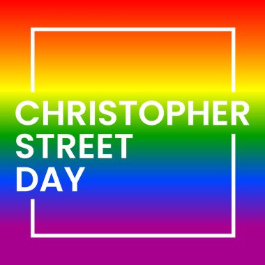 Gökkuşağı arka planında Christopher Street Day yazıları beyaz. LGBT CSD gurur, hak kavramı, eşitlik amblemi. Geçit töreni, parti, festival davetiyesi, kart, baskı, poster tasarımı