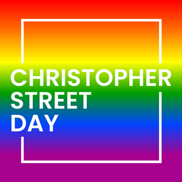 Christopher Street Day lettering inscription white on rainbow background. LGBT CSD pride, rights concept, equality emblem. Parade, party, festival event invitation, card, print, poster design
