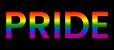 Beyaz arkaplanda gökkuşağı yazısıyla gurur duyulan bir ay. LGBT hakları kavramı, eşitlik amblemi. Geçit töreni, parti, festival davetiyesi, kart, baskı, tişört, logo, poster tasarımı