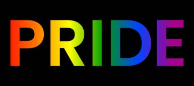 Siyah arkaplanda gökkuşağı yazısıyla gurur duyulan bir ay. LGBT hakları kavramı, eşitlik amblemi. Geçit töreni, parti, festival davetiyesi, kart, baskı, tişört, logo, poster tasarımı