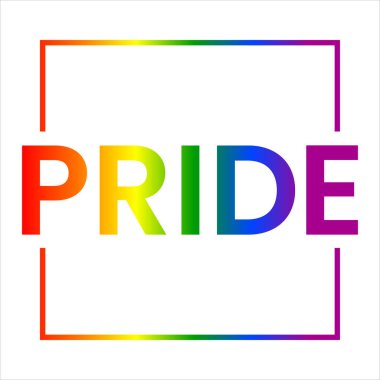 Beyaz arkaplanda gökkuşağı yazısıyla gurur duyulan bir ay. LGBT hakları kavramı, eşitlik amblemi. Geçit töreni, parti, festival davetiyesi, kart, baskı, tişört, logo, poster tasarımı