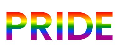 Beyaz arkaplanda gökkuşağı yazısıyla gurur duyulan bir ay. LGBT hakları kavramı, eşitlik amblemi. Geçit töreni, parti, festival davetiyesi, kart, baskı, tişört, logo, poster tasarımı