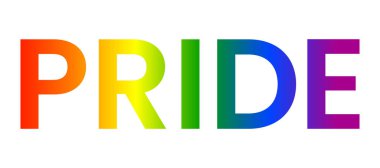 Beyaz arkaplanda gökkuşağı yazısıyla gurur duyulan bir ay. LGBT hakları kavramı, eşitlik amblemi. Geçit töreni, parti, festival davetiyesi, kart, baskı, tişört, logo, poster tasarımı