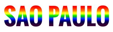 Sao Paulo gökkuşağı harfleri. Brezilya şehri yazıtları. Gökkuşağı renkleri, LGBT gurur sembolü beyaz arka planda. Turizm ve seyahat, sosyal hareket vektörü illüstrasyonu