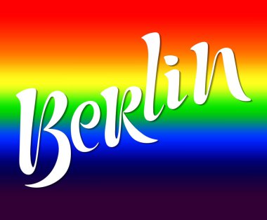 Berlin el yazısı fırça harfleri, mürekkep yaratıcı el yazısı. Almanya 'nın başkenti. Gökkuşağı arka planında gölgesi olan beyaz metin, LGBT gurur sembolü. Turizm ve seyahat vektörü illüstrasyonu