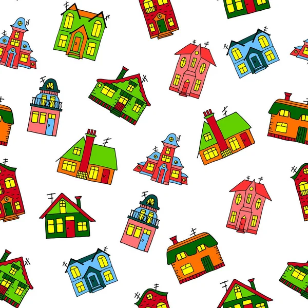 Nahtloses Muster Verschiedener Farbenfroher Handgezeichneter Häuser Cartoon Stil Niedliche Kinderillustration — Stockvektor