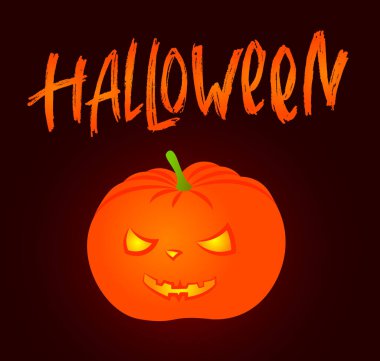 Cadılar Bayramı balkabağı, gülen surat ve el çizimi harflerle. Tatil el yazısı, desenli mürekkep fırçası el yazısı. Tebrik kartı, pankart, parti davetiyesi. Vektör illüstrasyonu