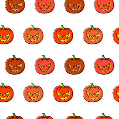 Kusursuz desenli Cadılar Bayramı portakallı balkabağı eli çizimi. Mutlu Cadılar Bayramı tatlı karakter geçmişi. Tebrik kartı, afiş, parti davetiyesi tasarımı. Vektör illüstrasyonu