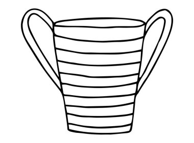 El yapımı desenli porselen bardak. Seramik kupanın çizimi. Beyaz vektör illüstrasyonunda siyah karala.