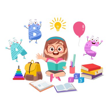 mutlu çocuk kız çalışma kitap illüstrasyon okuyun