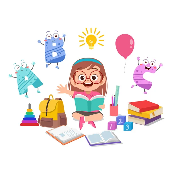 Criança feliz menina estudo ler livro ilustração — Vetor de Stock