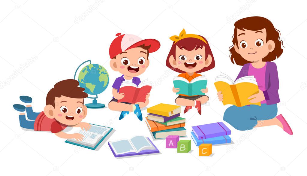 happy kids read book study together with teacher