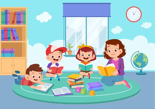 Bambini felici leggere libro di studio insieme — Vettoriale Stock