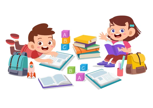 Bambini felici leggere libro di studio insieme — Vettoriale Stock