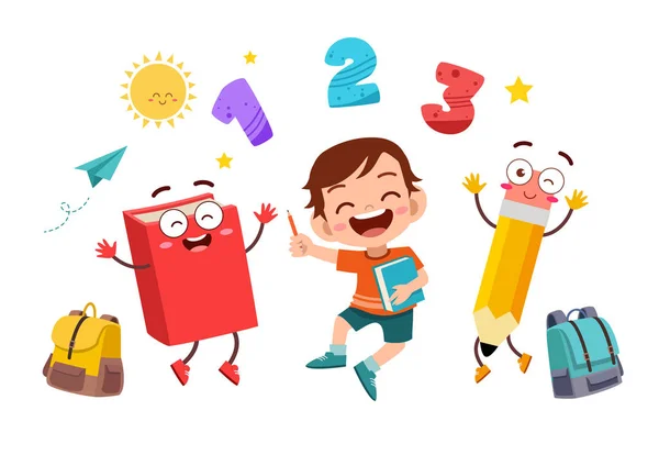 Niño feliz leer libro estudio conocimiento — Vector de stock