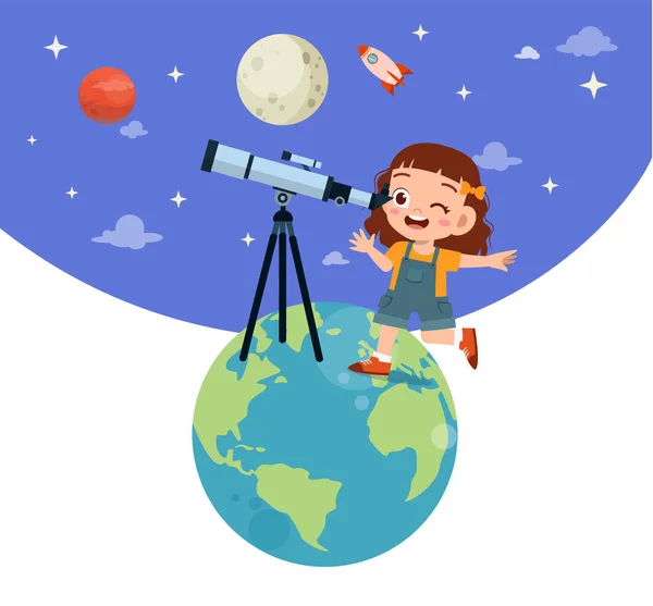 Boldog gyerek tanulmány csillagászati távcső — Stock Vector