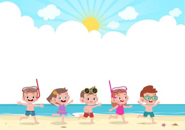 mutlu çocuklar plaj vektör illüstrasyon oynamak