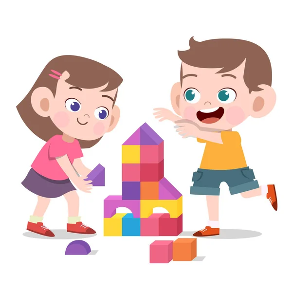 Çocuklar oyuncaklar tuğla vektör illüstrasyon izole ile oynamak — Stok Vektör