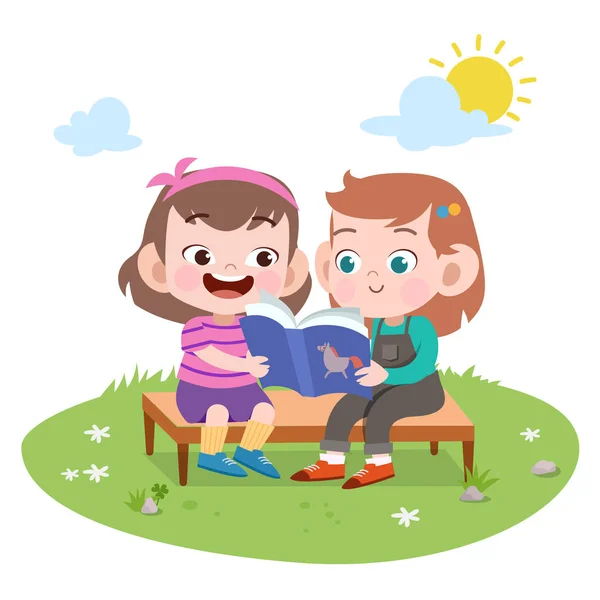 Niños niñas leer libro vector ilustración — Archivo Imágenes Vectoriales