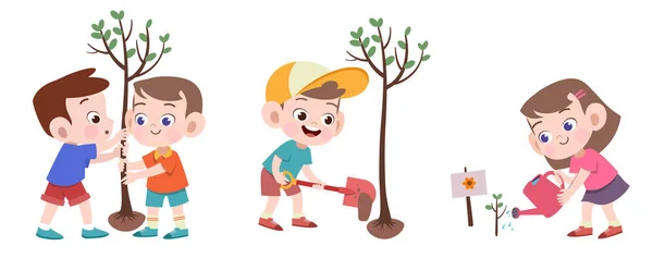 Bambini piantare albero vettore illustrazione isolato — Vettoriale Stock