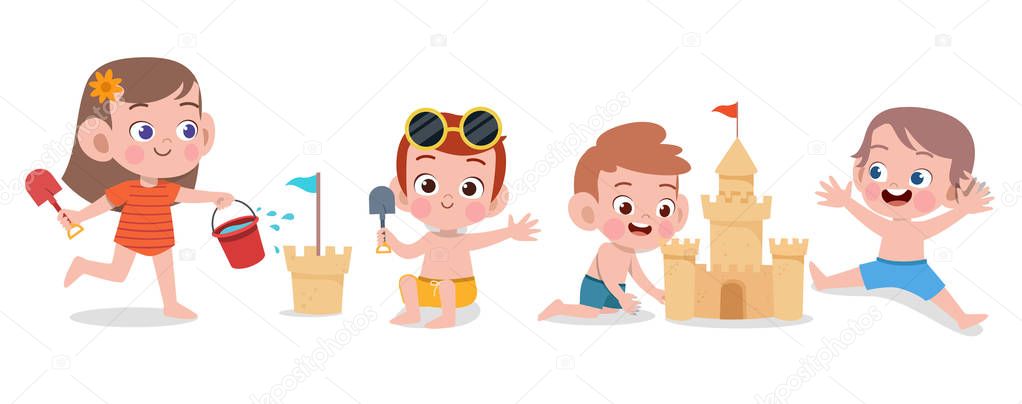 happy kids beach holiday vector illustration isolated