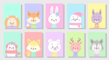 sevimli mutlu hayvan vektör illüstrasyon seti