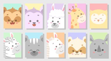 sevimli mutlu hayvan vektör illüstrasyon seti