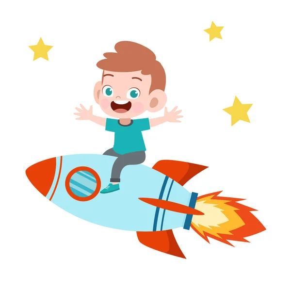 Niño niño paseo cohete ilustración vector ilustración — Vector de stock
