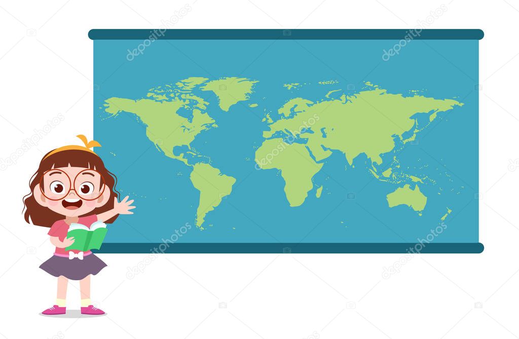 kid girl with map vector illustration