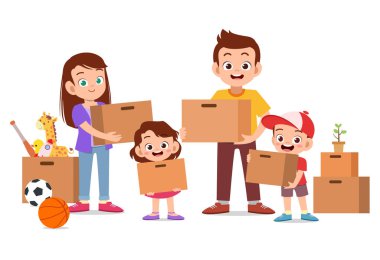 Çift ve karton kutu ev malzeme ile tutan çocuklar. Hareketli gün vektör kavramı. Hareket etmek, teslimat paketi tehcir için karton kutu çizimi
